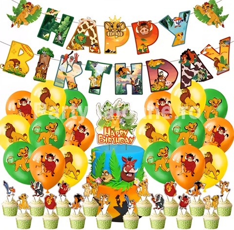 SET SIMBA , REGELE LEU – BALOANE , BANNER , TOPPER TORT , SCOBITORI TORT – 37 BUCATI