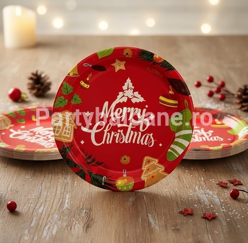Set 10 Farfurii de Unica Folosinta , din Carton , 18 cm , Model Merry Christmas Model 2