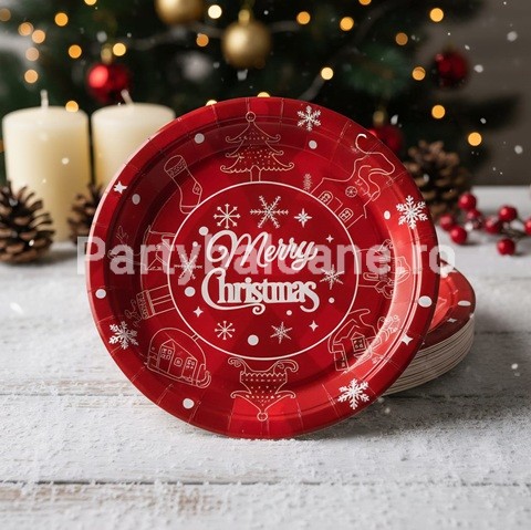 Set 10 Farfurii de Unica Folosinta , din Carton , 18 cm , Model Merry Christmas