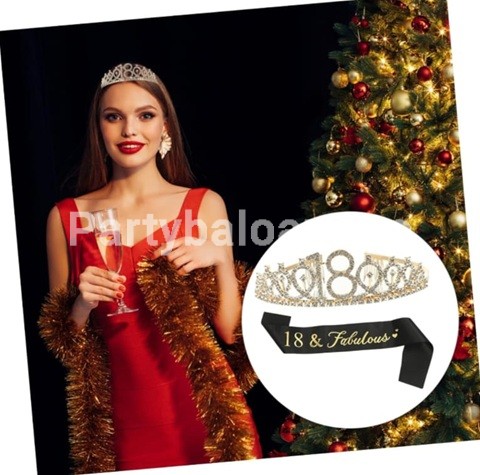 Set 2 Piese pentru Majorat , 15 x 13 x 5 cm , Coronita Printesa Gold si Panglica 18&Fabulous , Negru