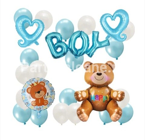 Set 25 Baloane , din Latex si Folie de Aluminiu , Model UrsuletBoy Albastru