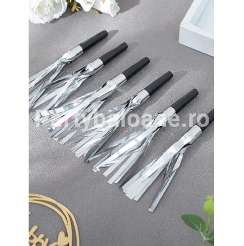 Set 6 Fluiere Party cu Franjuri din Plastic , Argintiu