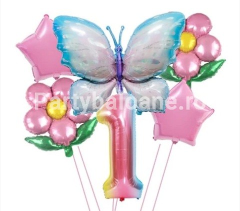 Set baloane aniversare cu numere, din folie de aluminiu, 6 piese, 2 flori, 2 stelute, 1 fluture, 1 cifra, Multicolor, Cifra 1