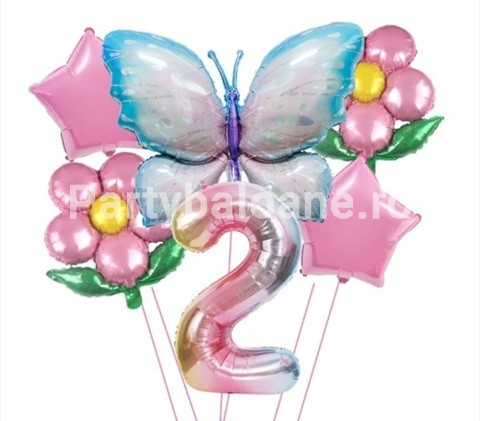 Set baloane aniversare cu numere, din folie de aluminiu, 6 piese, 2 flori, 2 stelute, 1 fluture, 1 cifra, Multicolor, Cifra 4