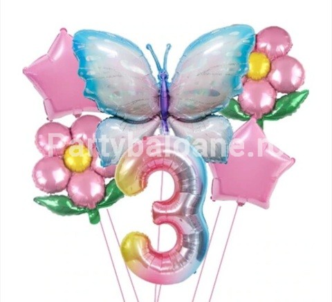 Set baloane aniversare cu numere, din folie de aluminiu, 6 piese, 2 flori, 2 stelute, 1 fluture, 1 cifra, Multicolor, Cifra 3