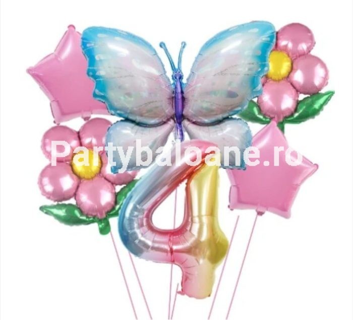 Set baloane aniversare cu numere, din folie de aluminiu, 6 piese, 2 flori, 2 stelute, 1 fluture, 1 cifra, Multicolor, Cifra 4