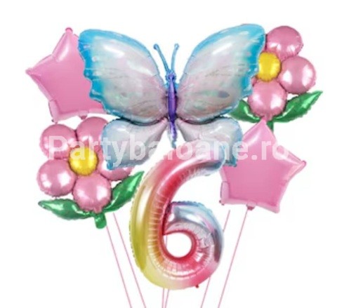 Set baloane aniversare cu numere, din folie de aluminiu, 6 piese, 2 flori, 2 stelute, 1 fluture, 1 cifra, Multicolor, Cifra 6