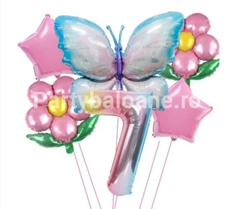 Set baloane aniversare cu numere, din folie de aluminiu, 6 piese, 2 flori, 2 stelute, 1 fluture, 1 cifra, Multicolor, Cifra 7