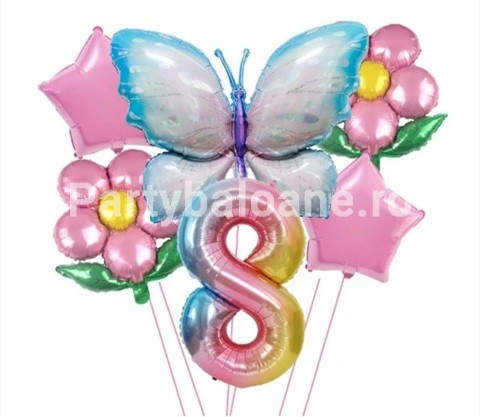 Set baloane aniversare cu numere, din folie de aluminiu, 6 piese, 2 flori, 2 stelute, 1 fluture, 1 cifra, Multicolor, Cifra 8