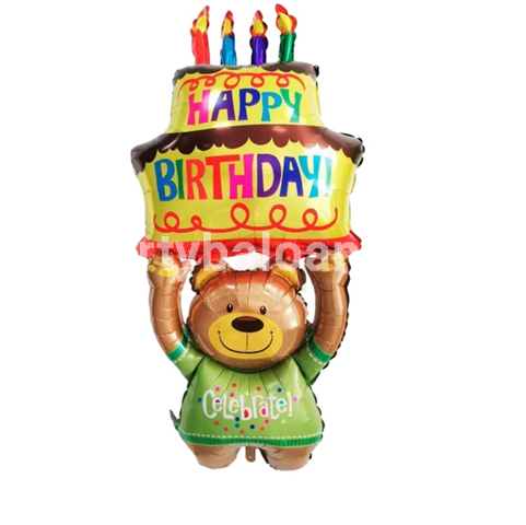 Balon din Folie Metalizata, Figurine Animalute, Model Ursulet cu Tort Aniversar, 124x65 cm