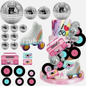 Set Toppere 3D Tort Kpop Demon Hunters Disco – 20 Piese Retro Set Complet 20 Toppere 3D Pentru Tort Cu Tematica Kpop Demon Hunters Disco, Incluzand 10 Bile Disco Stralucitoare De Diverse Marimi, Rola 3D Din Plastic, Casetofon, Casete Si Discuri Retro Din Carton.