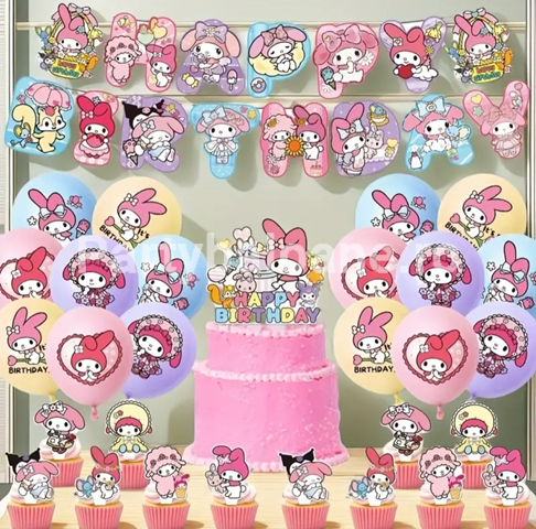 SET HELLO KITTY SANRIO KUROMI MY MELODY – BALOANE , BANNER , TOPPER TORT , SCOBITORI TORT – 30 BUCATI