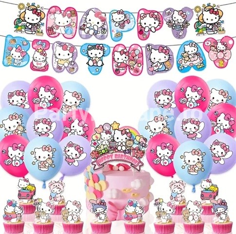 SET HELLO KITTY SI SANRIO MY MELODY – BALOANE , BANNER , TOPPER TORT , SCOBITORI TORT – 32 BUCATI