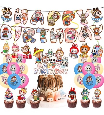 SET LABUBU – BALOANE , BANNER , TOPPER TORT , SCOBITORI TORT – 40 BUCATI