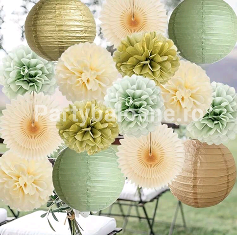 SET LAMPIOANE SI POMPON – 15 BUCATI – BEJ , PIERSICA , KAKI , AURIU OLIVE METALIZAT