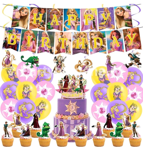 SET PRINTESA RAPUNZEL – BALOANE , BANNER , TOPPER TORT , SCOBITORI TORT , SPIRALE – 44 BUCATI