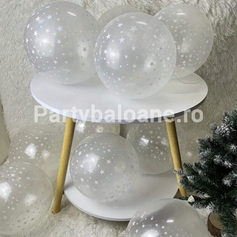 Set 10 Baloane din Latex Transparente, Model Party, 30 cm, Stelute Albe