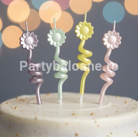Set 4 Lumanari de Tort , Model Spiralat din Ceara , Multicolor Flori 9 x 2,5 cm