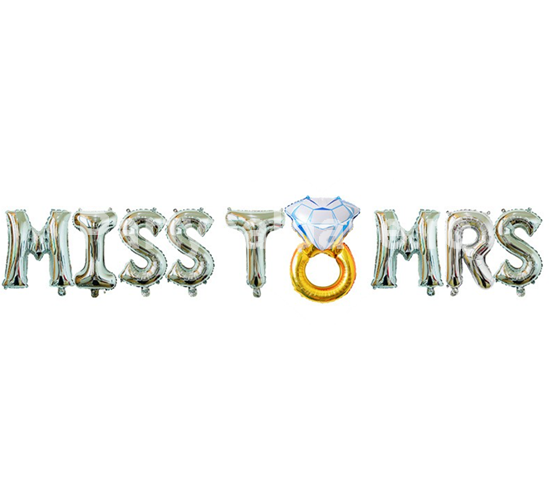 Set Baloane din Folie Metalizata, Model Miss to Mrs cu Inel de Logodna, Litere de 40 cm,Argintiu