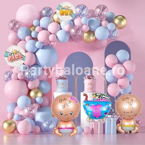 SET ARANJAMENT BALOANE -  GENDER REVEAL BOY OR GIRL CU CARUCIOR SI BEBELUSI