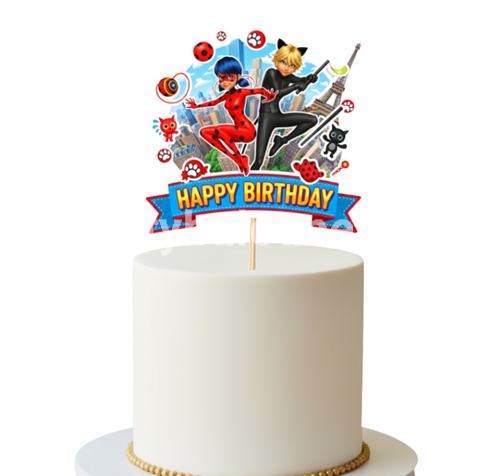 TOPPER PENTRU TORT HAPPY BIRTHDAY - MIRACULOUS , BUBURUZA SI MOTANUL NOIR