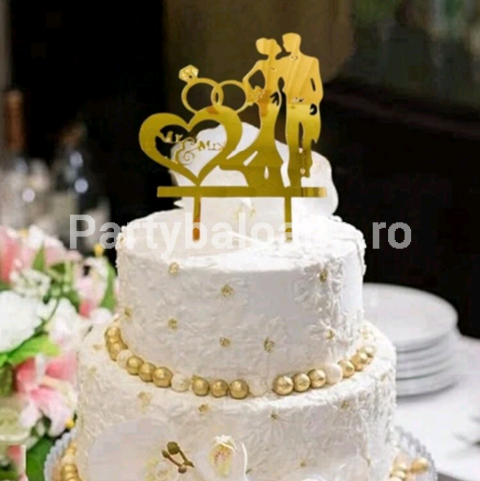TOPPER TORT MR&MRS , SILUETE CU INIMA - NUNTA - AURIU