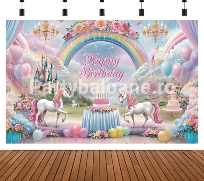 BACKGROUND TEXTIL PENTRU ARANJAMENT ARCADA - HAPPY BIRTHDAY, UNICORN COD 581B