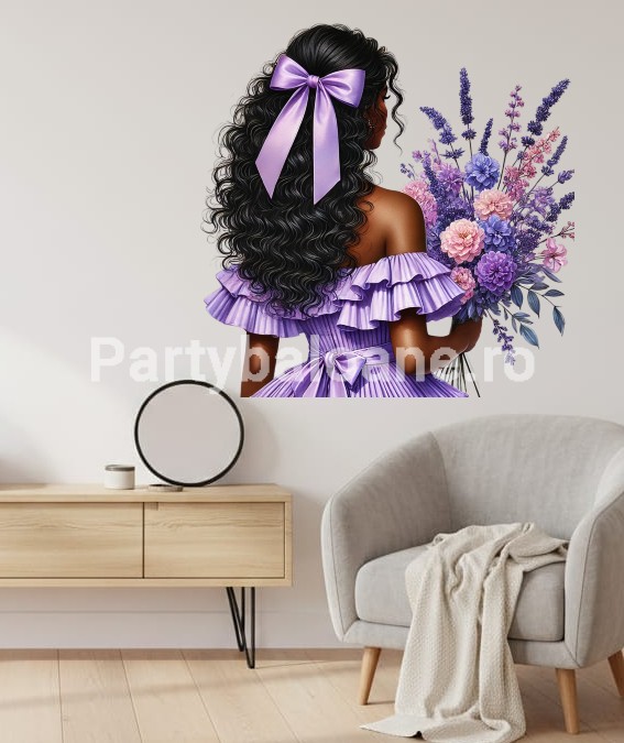 FATA CU FLORI MOV STICKER DECORATIV PENTRU PERETE - COD 479B