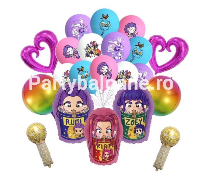 Set Baloane Kpop Demon Hunters – 21 Piese, 3 Personaje Mari, Folie & Latex Set gigant 21 baloane folie si latex tematica Kpop Demon Hunters, incluzand 3 personaje mari, 2 sfere Orbz, note muzicale si inimi metalizate.