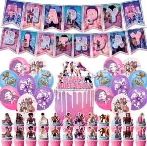 Set Kpop Demon Hunters – Kit Petrecere 42 Piese: Baloane, Banner, Decor Tort Set Complet Accesorii Petrecere Tematica Kpop Demon Hunters Continand 42 Piese: Banner Happy Birthday Carton, 16 Baloane Latex Imprimate, Topper Tort Mare Si 24 Scobitori Briose.