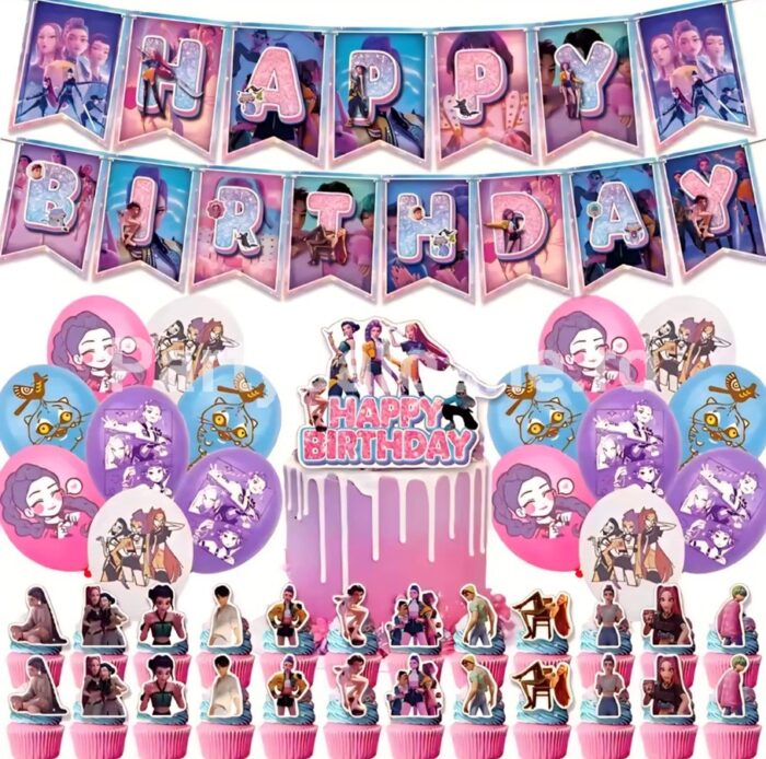 SET KPOP DEMON HUNTERS – BALOANE , BANNER , TOPPER TORT , SCOBITORI TORT – 42 BUCATI