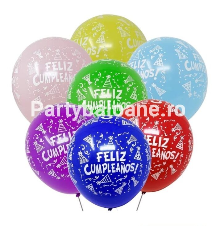 Set 10 Baloane Latex „Feliz Cumpleaños” (La Mulți Ani) – Multicolor, Imprimeu Alb, 30 cm