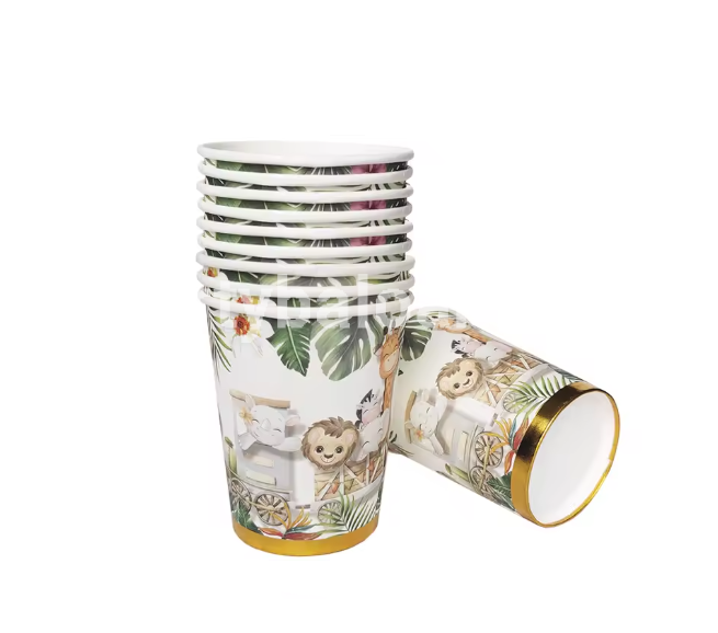 Set 10 Pahare Safari Cartonate pentru Zile de Nastere, Model Safari cu animale, 230 ml