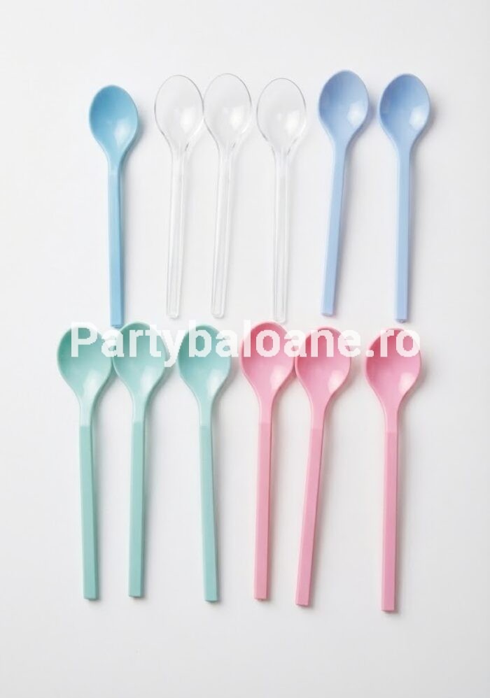 Set 12 Lingurițe Desert din Plastic – Culori Pastelate Mixte, 13.5 cm