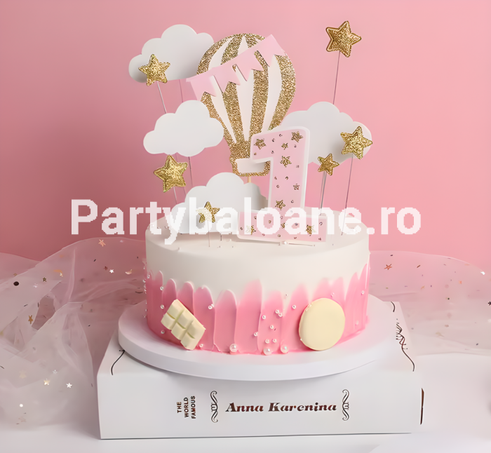 Set 12 Toppere Tort – Cifra 1 Roz, Balon cu Aer Cald, Nori și Steluțe Aurii Prima Aniversare
