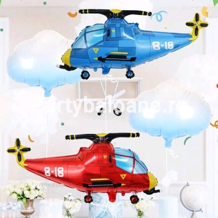 Set 4 Baloane Folie Tematică Aviație – 2 Elicoptere Gigant (RoșuAlbastru) și 2 Nori, Dimensiuni Mari