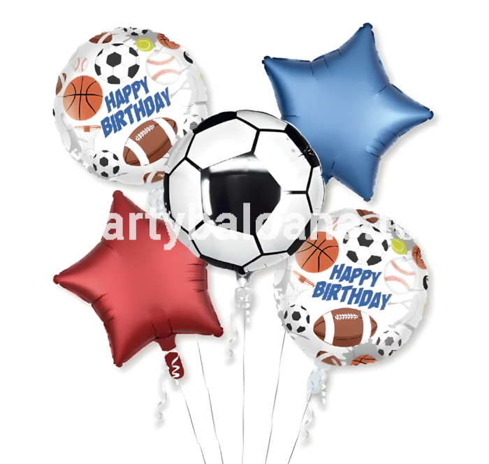 Set 5 Baloane Folie Tematică Fotbal și Sport – Minge, Stele și Happy Birthday, 45 cm