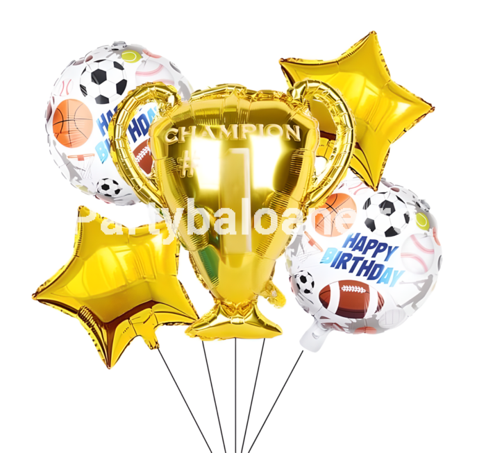 Set 5 Baloane Folie Tematică Fotbal și Trofeu Champion #1 – Auriu, Stele și Happy Birthday