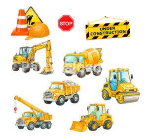 Set 9 Toppere Tort Șantier în Lucru – Utilaje de Construcție și Semne de Atenționare