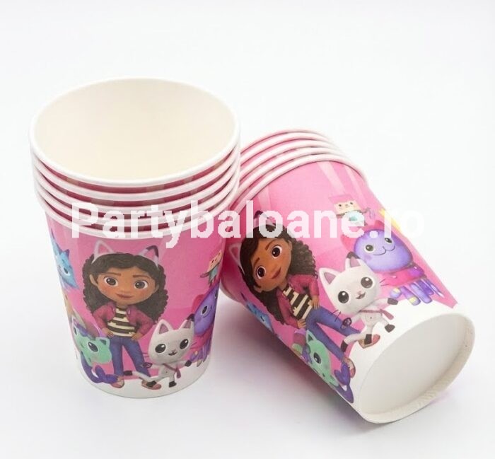 Set 10 Pahare din Carton „Casa de Păpuși a lui Gabi” (Gabby's Dollhouse) – Roz, 250 ml, Pentru Petrecere