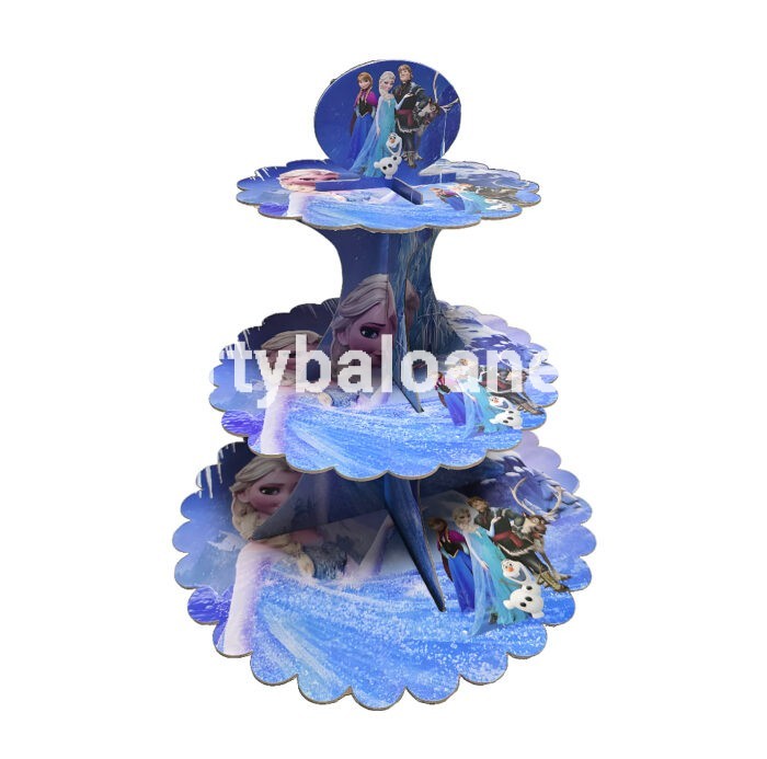 Suport Etajat pentru Brioșe și Prăjituri „Frozen - Regatul de Gheață” cu Elsa – 3 Nivele, Carton Dur Presat, 36 cm