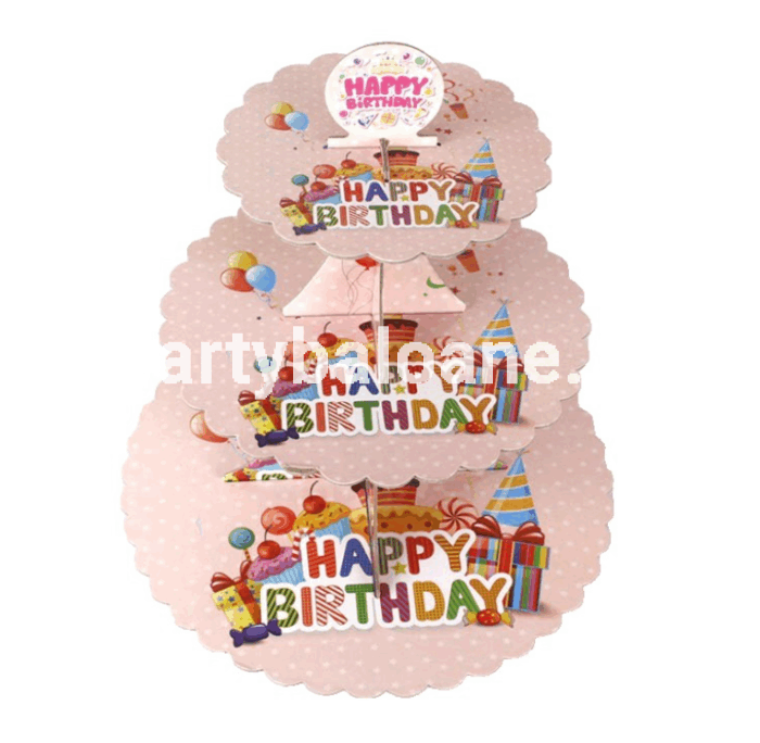 Suport Etajat pentru Prajituri , cu Tematica Happy Birthday, 3 Nivele, 38x34x1cm, Multicolor