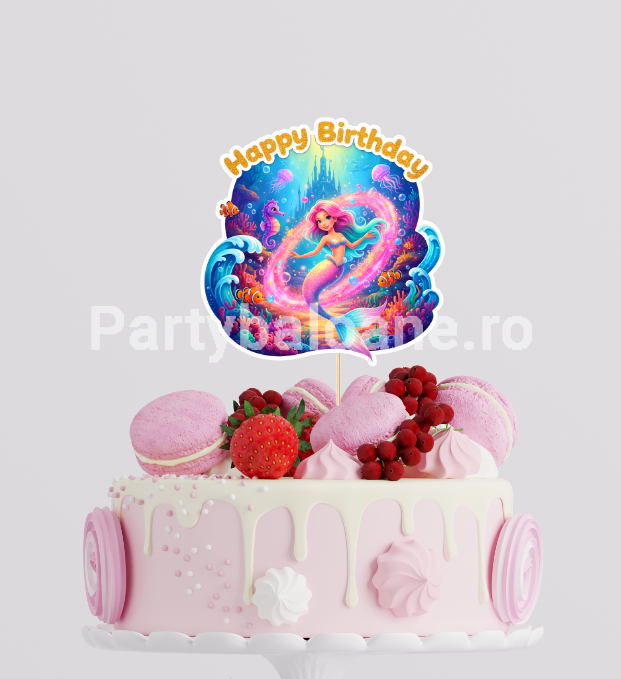 Topper Tort Sirenă și Ocean Happy Birthday