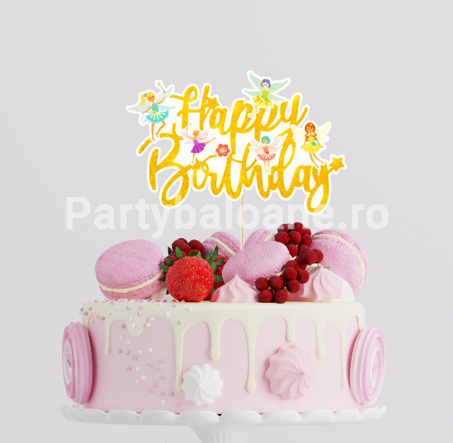 Topper Tort Zâne și Flori Happy Birthday