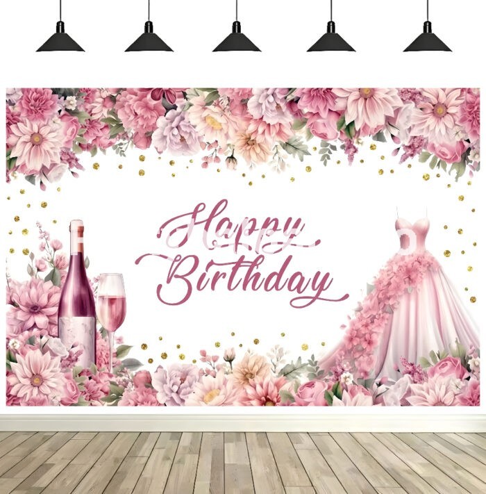 Background Textil Arcadă Happy Birthday Floral Roz și Auriu 160x100cm (642B) Background textil arcada Happy Birthday cu decor floral roz si auriu, rochie de printesa si sampanie rose, fundal foto mat pentru aniversare.