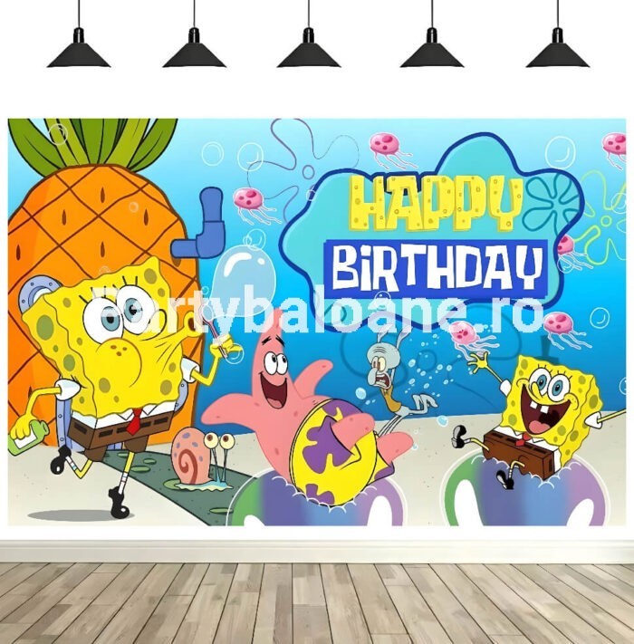 Background Textil Arcadă Happy Birthday SpongeBob 160x100cm Background textil arcada Happy Birthday SpongeBob cu Patrick si Sandy, fundal foto mat pentru petrecere acvatica.