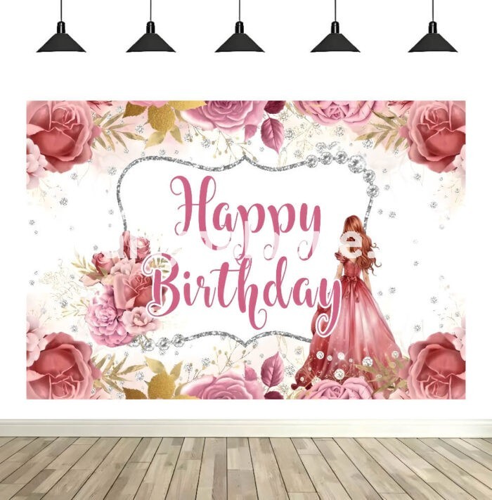 Background Textil Arcadă Happy Birthday – Decor Trandafiri 160x100 (639B) Background textil pentru aranjament arcada cu text Happy Birthday, decorat cu trandafiri roz si auriu, elemente argintii si silueta unei fete in rochie, dimensiune 160x100 cm.