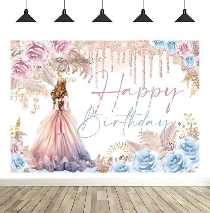 Background Textil Arcadă Happy Birthday – Decor Trandafiri 160x100 (640B) Background textil pentru aranjament arcada cu text Happy Birthday, decorat cu trandafiri roz si auriu, elemente argintii si silueta unei fete in rochie, dimensiune 160x100 cm.