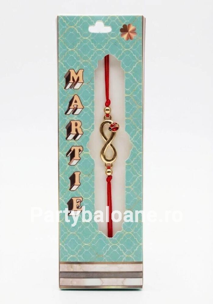 Brățară Mărțișor Infinit cu Buburuză – Cadou Premium de 1 Martie cu Noroc Bratara martisor cu pandantiv simbol infinit auriu si buburuza rosie pe snur reglabil in ambalaj festiv MARTIE