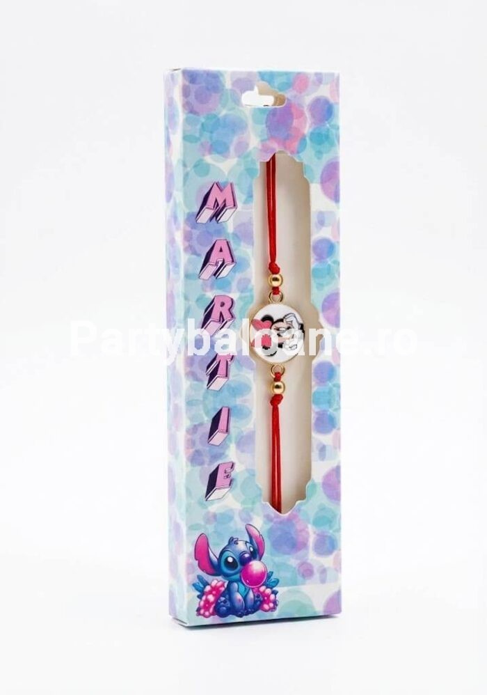 Brățară Mărțișor Minnie Mouse – Cadou Vesel de 1 Martie pentru Fetițe – Șnur Reglabil Bratara martisor Minnie Mouse cu fundita pe snur rosu reglabil cadou fetite 1 Martie